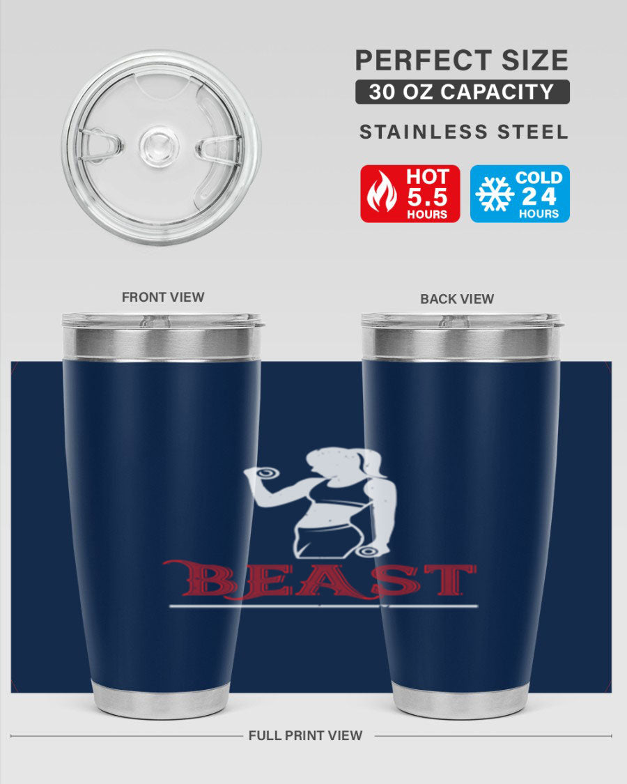 Beast 102# Gym Tumbler in stainless steel, showcasing its double wall vacuum design and drink-thru lid, perfect for hot and cold beverages.