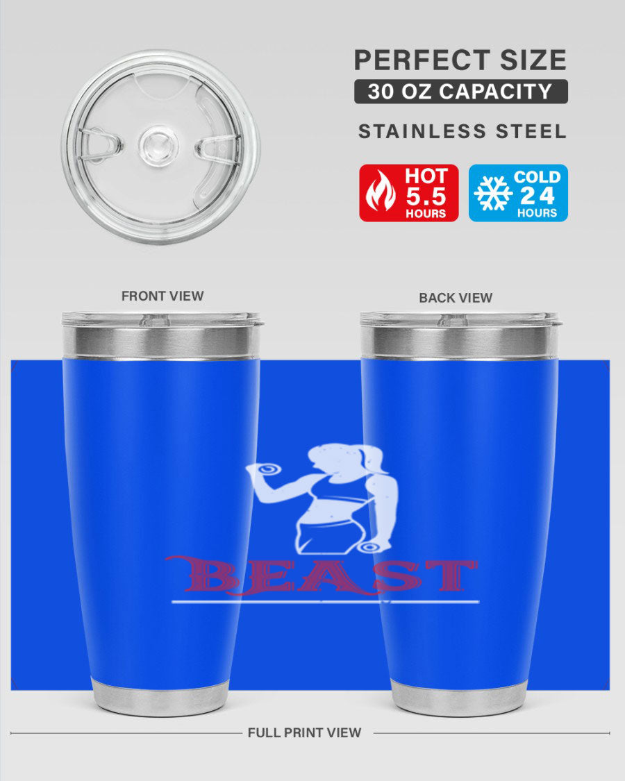 Beast 102# Gym Tumbler in stainless steel, showcasing its double wall vacuum design and drink-thru lid, perfect for hot and cold beverages.