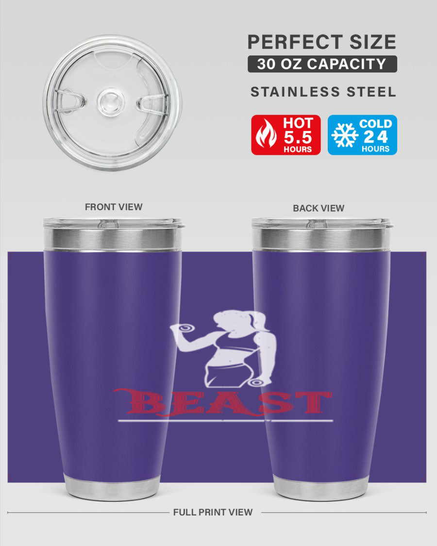 Beast 102# Gym Tumbler in stainless steel, showcasing its double wall vacuum design and drink-thru lid, perfect for hot and cold beverages.