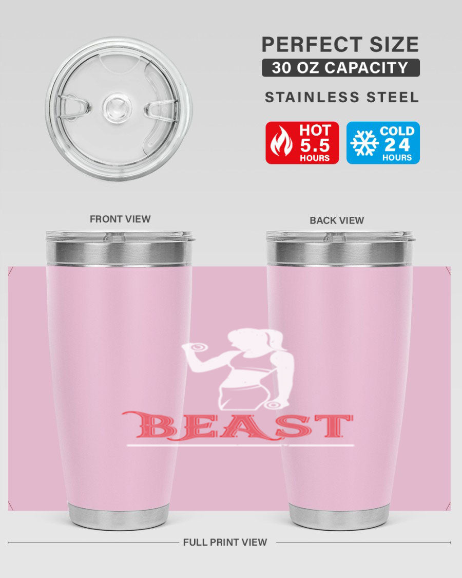 Beast 102# Gym Tumbler in stainless steel, showcasing its double wall vacuum design and drink-thru lid, perfect for hot and cold beverages.