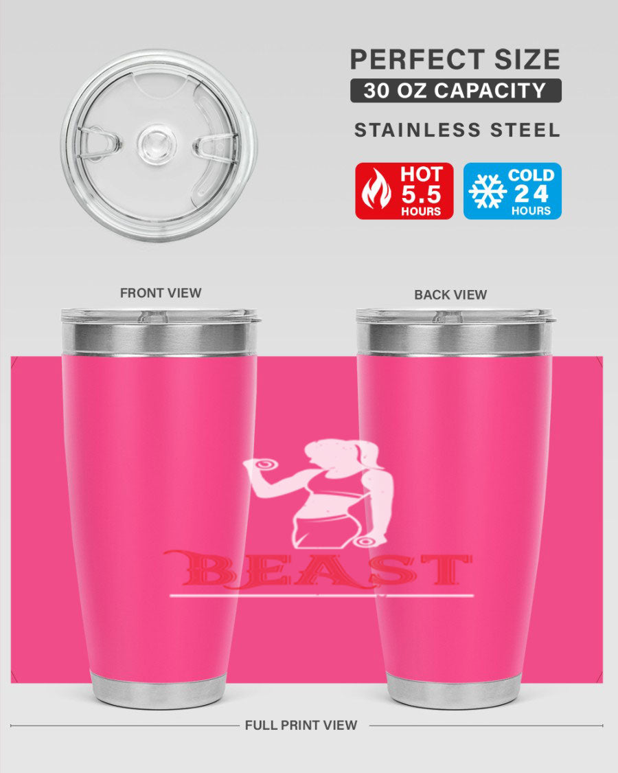 Beast 102# Gym Tumbler in stainless steel, showcasing its double wall vacuum design and drink-thru lid, perfect for hot and cold beverages.