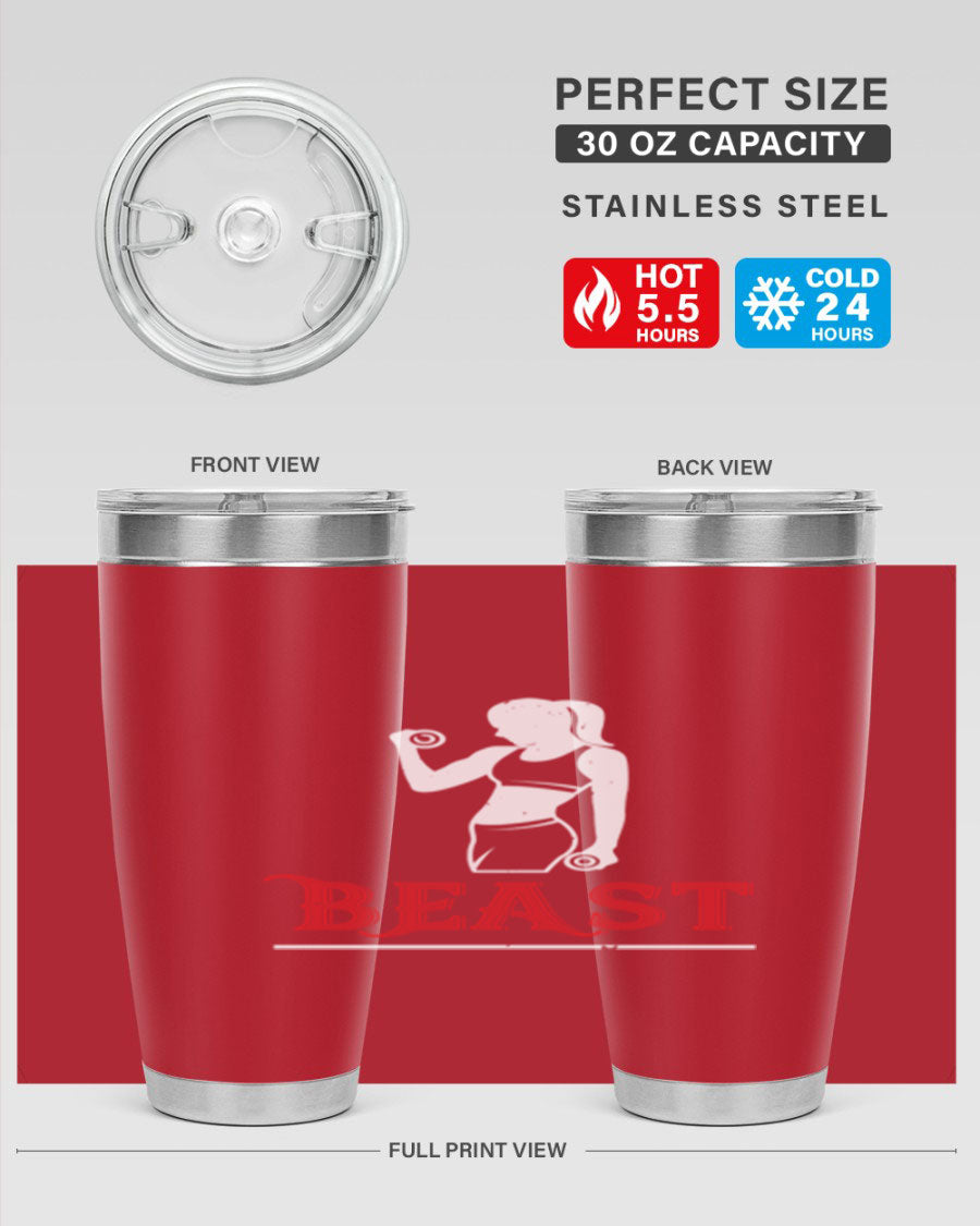 Beast 102# Gym Tumbler in stainless steel, showcasing its double wall vacuum design and drink-thru lid, perfect for hot and cold beverages.
