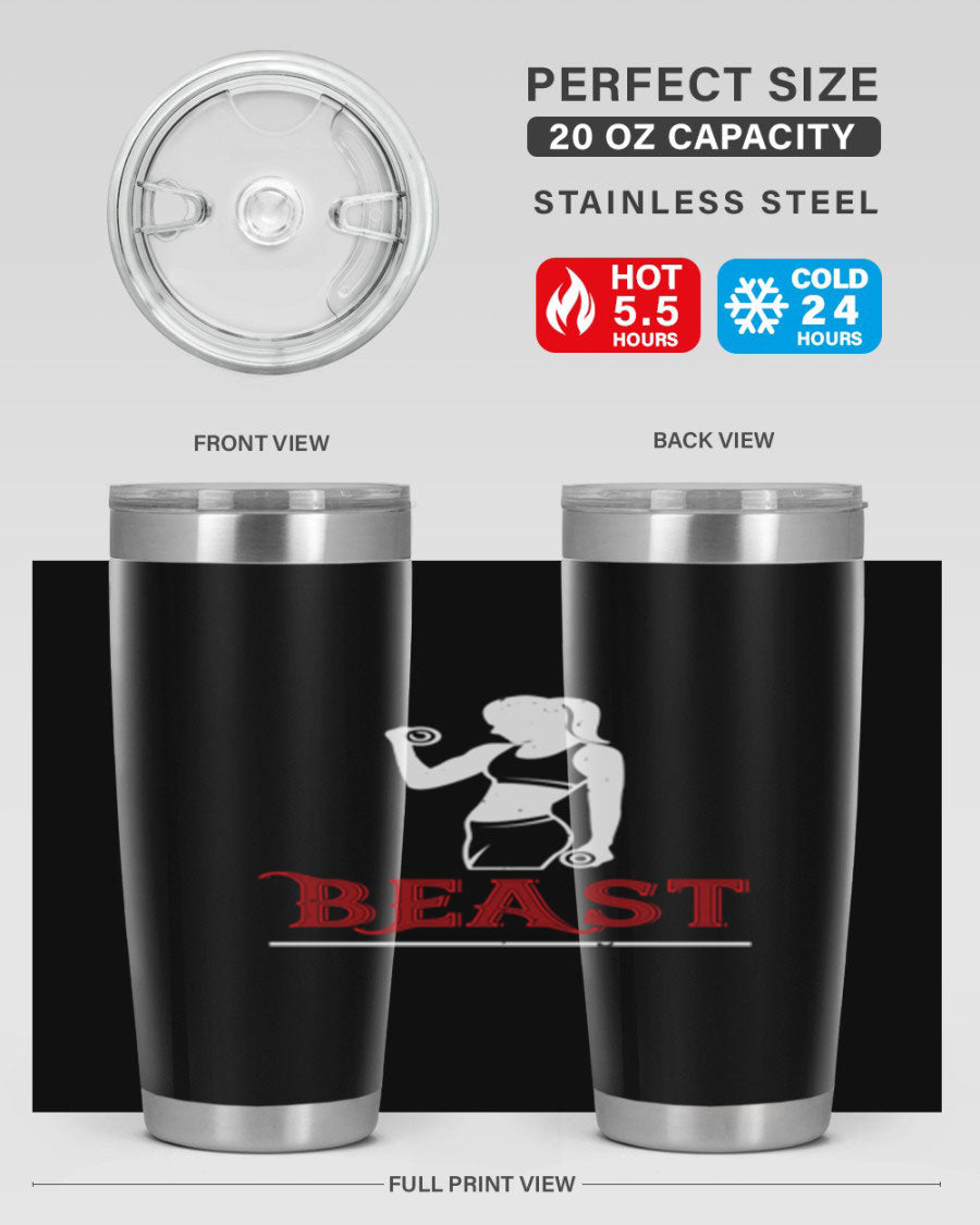 Beast 102# Gym Tumbler in stainless steel, showcasing its double wall vacuum design and drink-thru lid, perfect for hot and cold beverages.