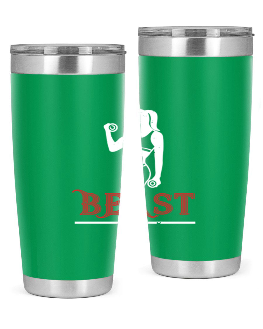 Beast 102# Gym Tumbler in stainless steel, showcasing its double wall vacuum design and drink-thru lid, perfect for hot and cold beverages.