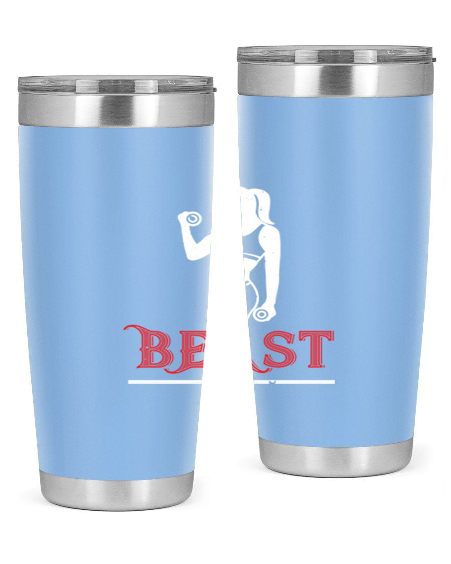 Beast 102# Gym Tumbler in stainless steel, showcasing its double wall vacuum design and drink-thru lid, perfect for hot and cold beverages.