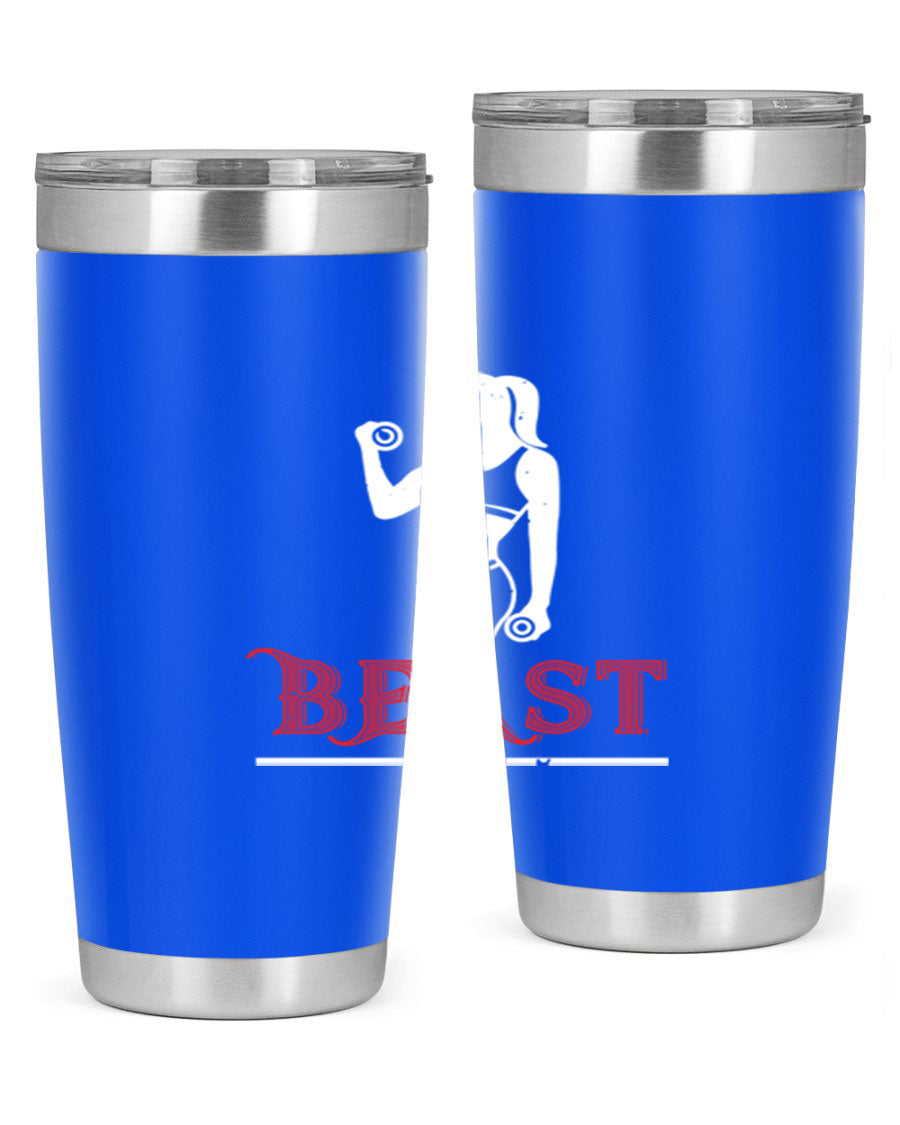 Beast 102# Gym Tumbler in stainless steel, showcasing its double wall vacuum design and drink-thru lid, perfect for hot and cold beverages.