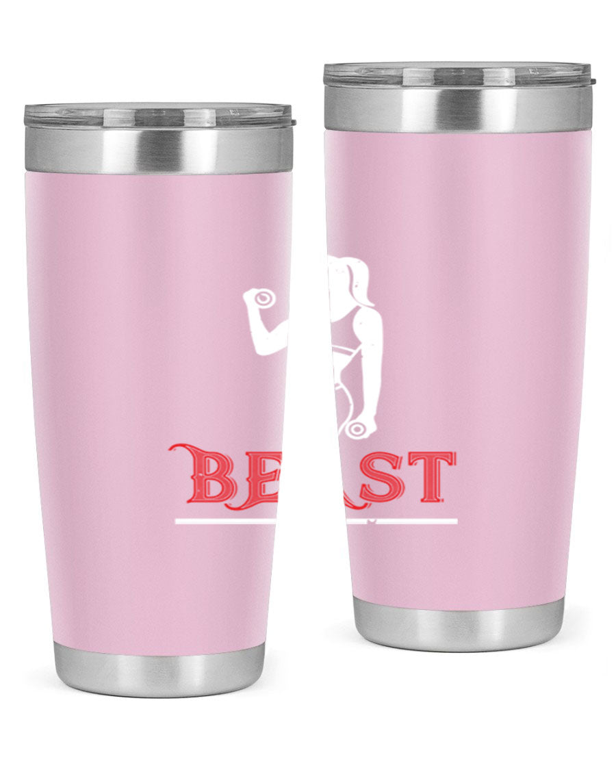 Beast 102# Gym Tumbler in stainless steel, showcasing its double wall vacuum design and drink-thru lid, perfect for hot and cold beverages.
