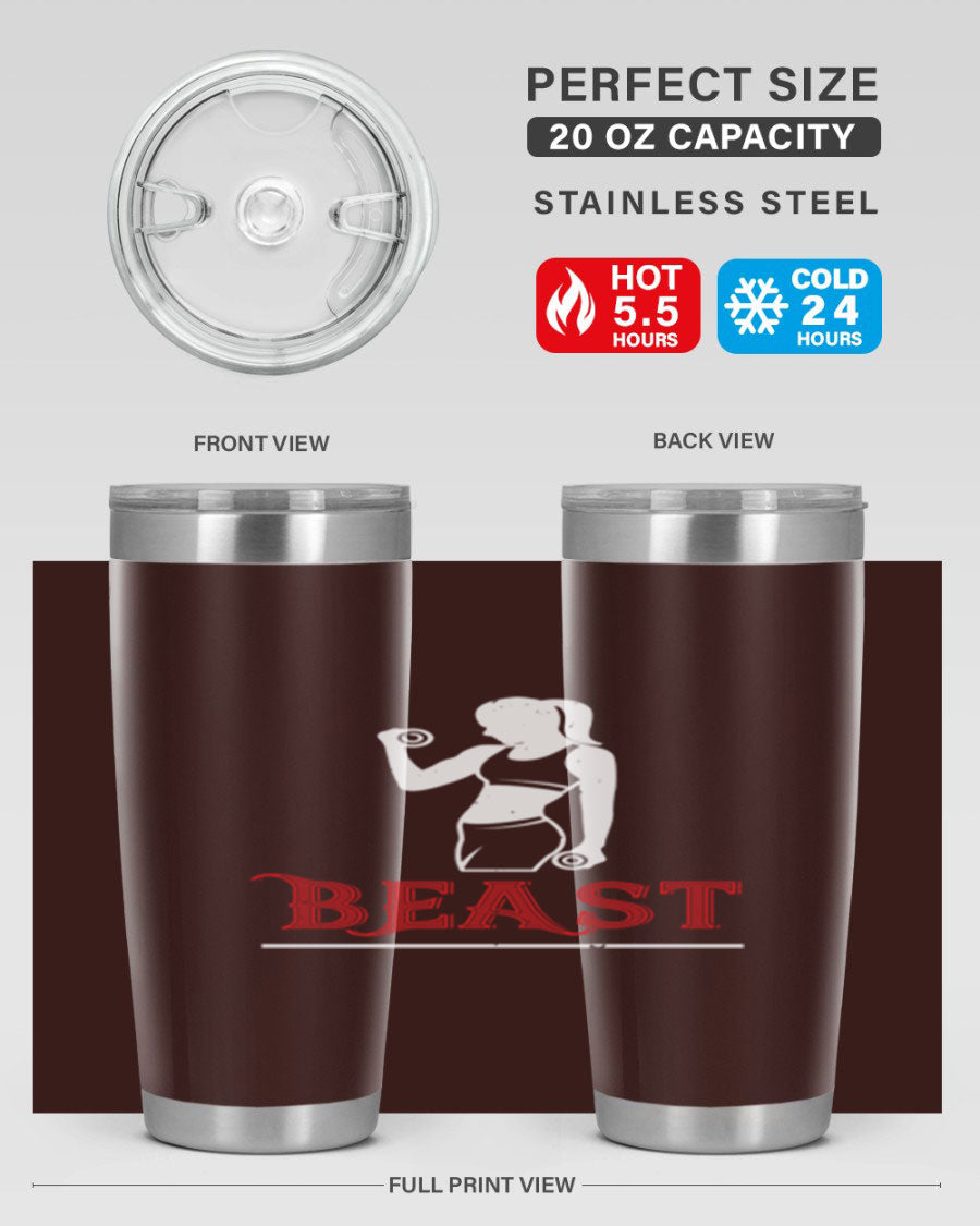 Beast 102# Gym Tumbler in stainless steel, showcasing its double wall vacuum design and drink-thru lid, perfect for hot and cold beverages.