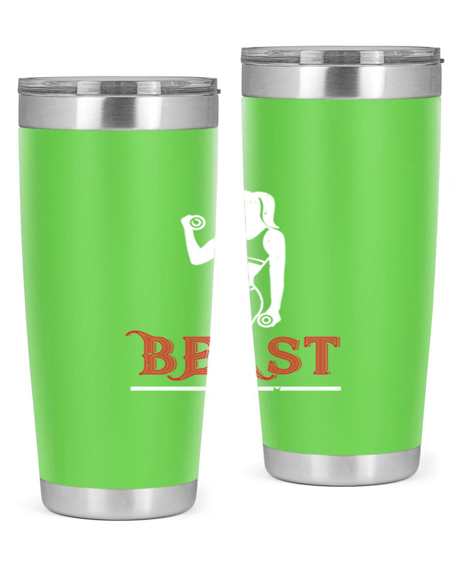 Beast 102# Gym Tumbler in stainless steel, showcasing its double wall vacuum design and drink-thru lid, perfect for hot and cold beverages.