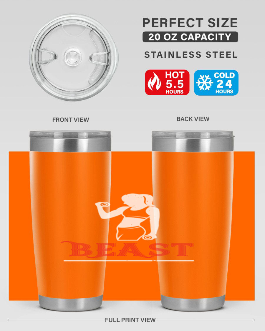 Beast 102# Gym Tumbler in stainless steel, showcasing its double wall vacuum design and drink-thru lid, perfect for hot and cold beverages.
