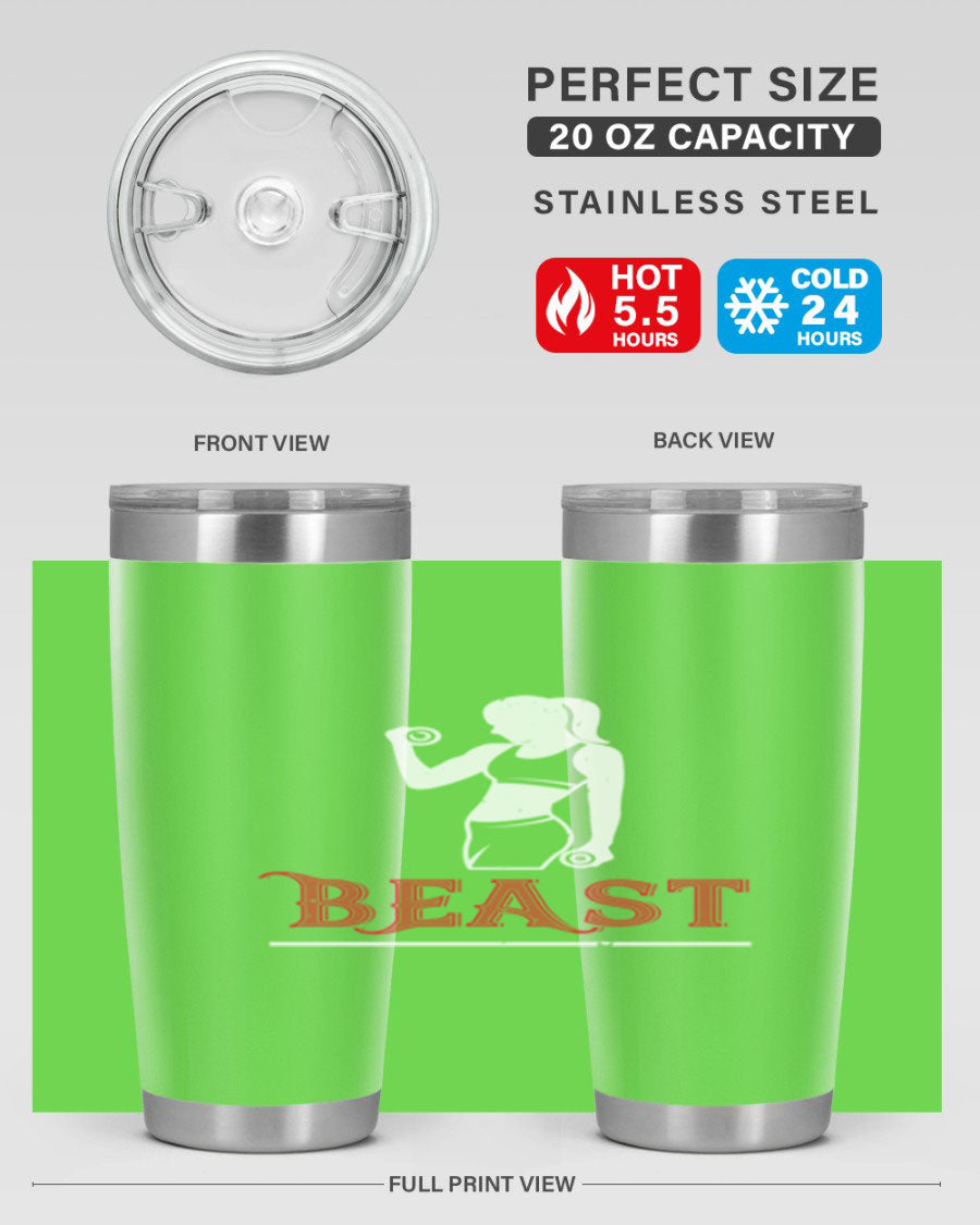 Beast 102# Gym Tumbler in stainless steel, showcasing its double wall vacuum design and drink-thru lid, perfect for hot and cold beverages.