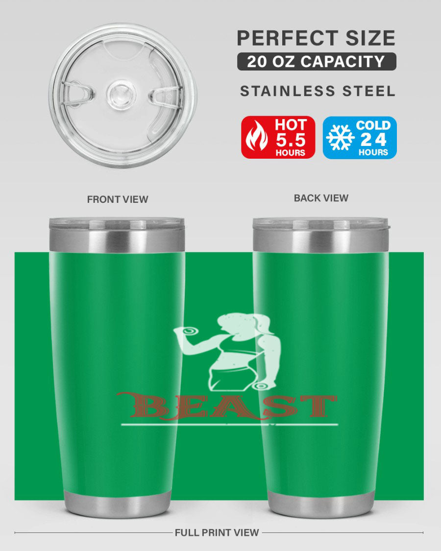 Beast 102# Gym Tumbler in stainless steel, showcasing its double wall vacuum design and drink-thru lid, perfect for hot and cold beverages.