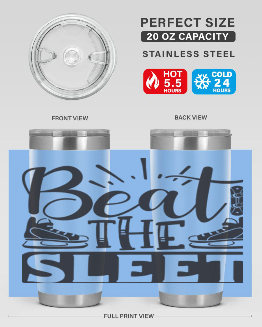 Beat the Sleet 20oz winter tumbler in stainless steel with a drink-thru lid, designed for hot and cold beverages.