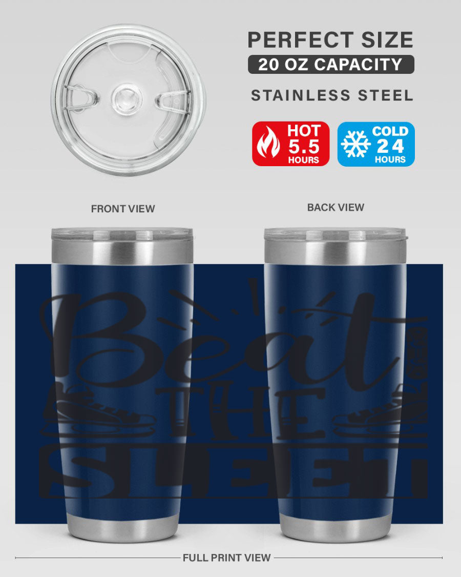 Beat the Sleet 20oz winter tumbler in stainless steel with a drink-thru lid, designed for hot and cold beverages.