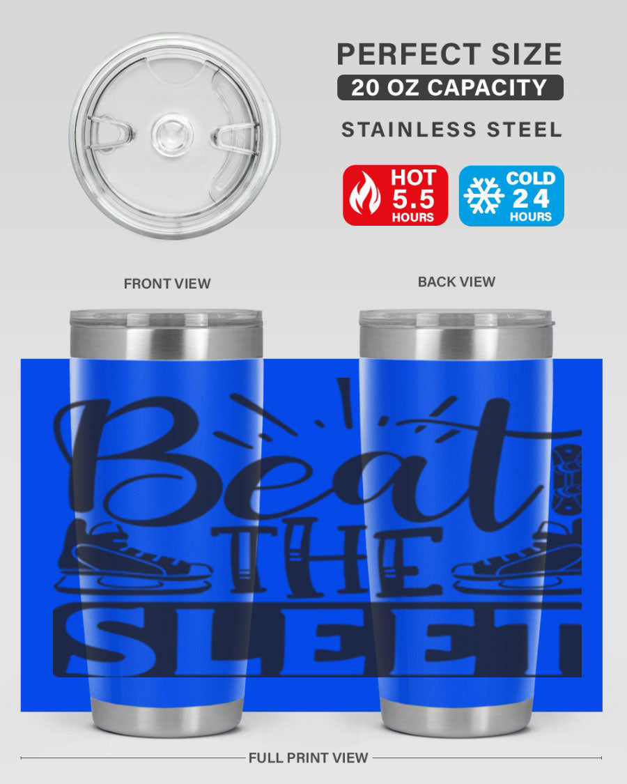 Beat the Sleet 20oz winter tumbler in stainless steel with a drink-thru lid, designed for hot and cold beverages.