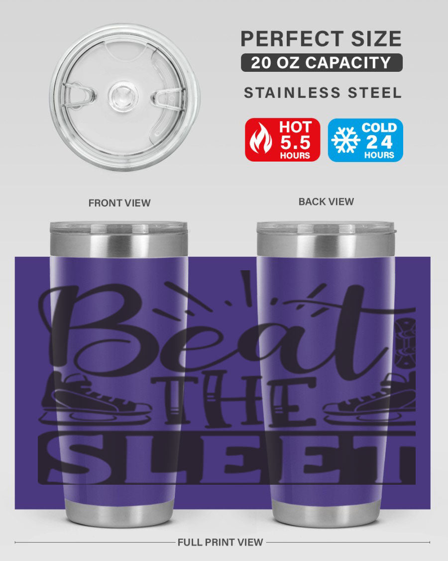 Beat the Sleet 20oz winter tumbler in stainless steel with a drink-thru lid, designed for hot and cold beverages.