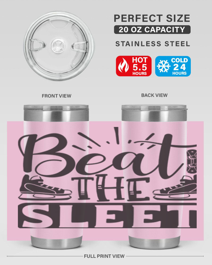 Beat the Sleet 20oz winter tumbler in stainless steel with a drink-thru lid, designed for hot and cold beverages.