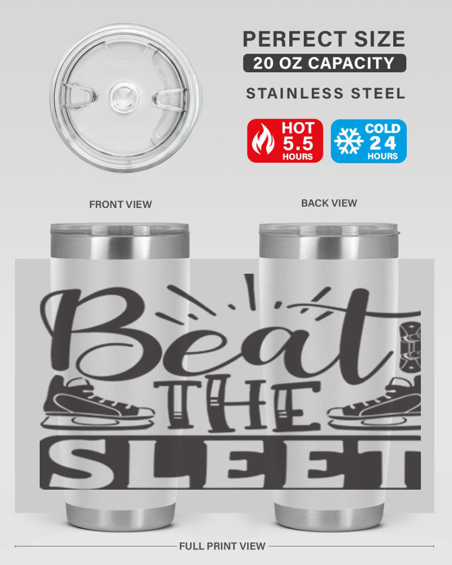 Beat the Sleet 20oz winter tumbler in stainless steel with a drink-thru lid, designed for hot and cold beverages.