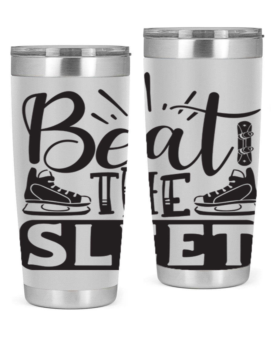Beat the Sleet 20oz winter tumbler in stainless steel with a drink-thru lid, designed for hot and cold beverages.