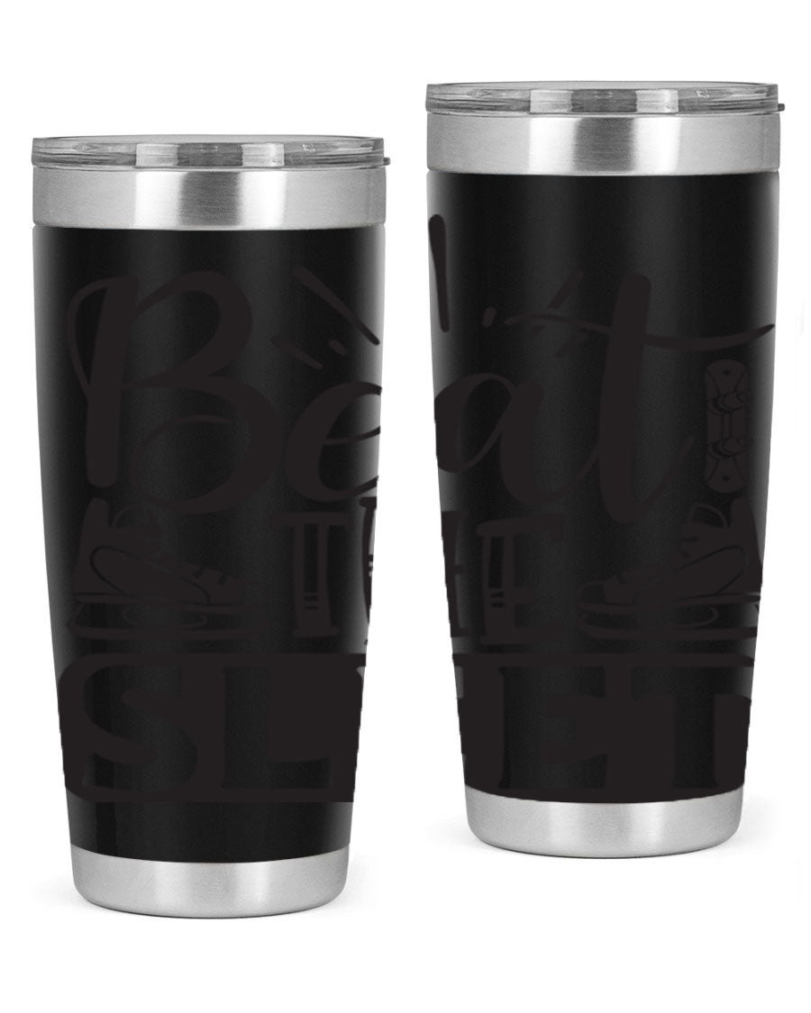 Beat the Sleet 20oz winter tumbler in stainless steel with a drink-thru lid, designed for hot and cold beverages.