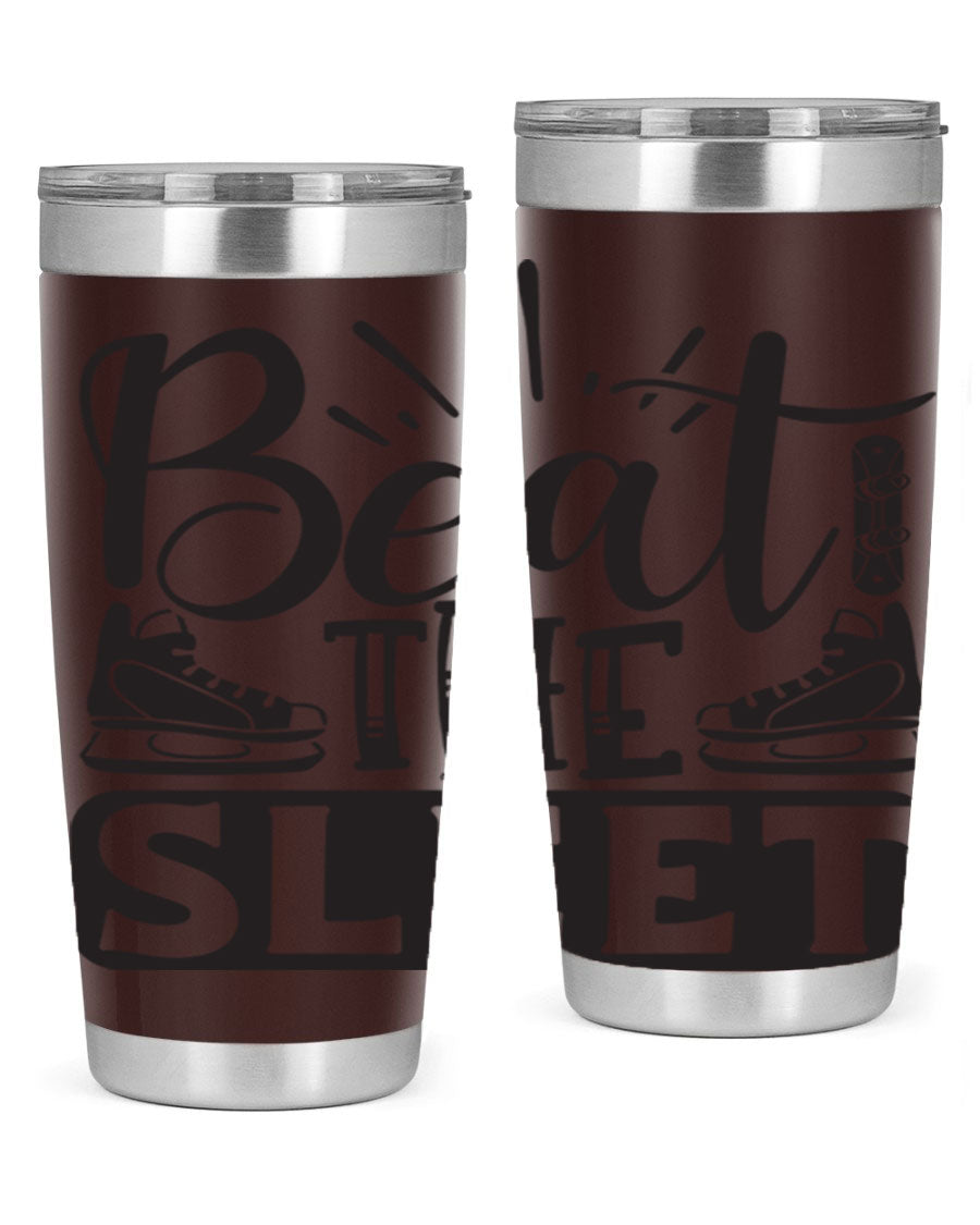 Beat the Sleet 20oz winter tumbler in stainless steel with a drink-thru lid, designed for hot and cold beverages.