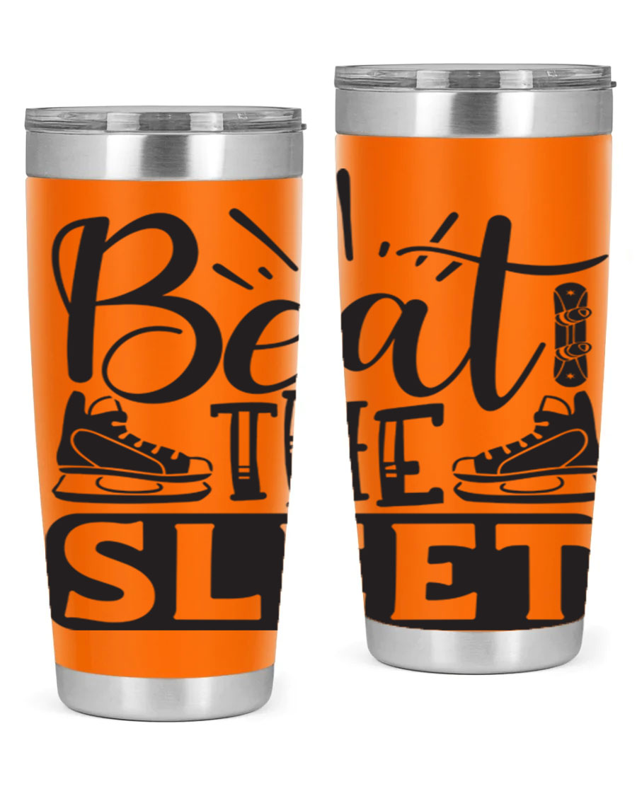 Beat the Sleet 20oz winter tumbler in stainless steel with a drink-thru lid, designed for hot and cold beverages.