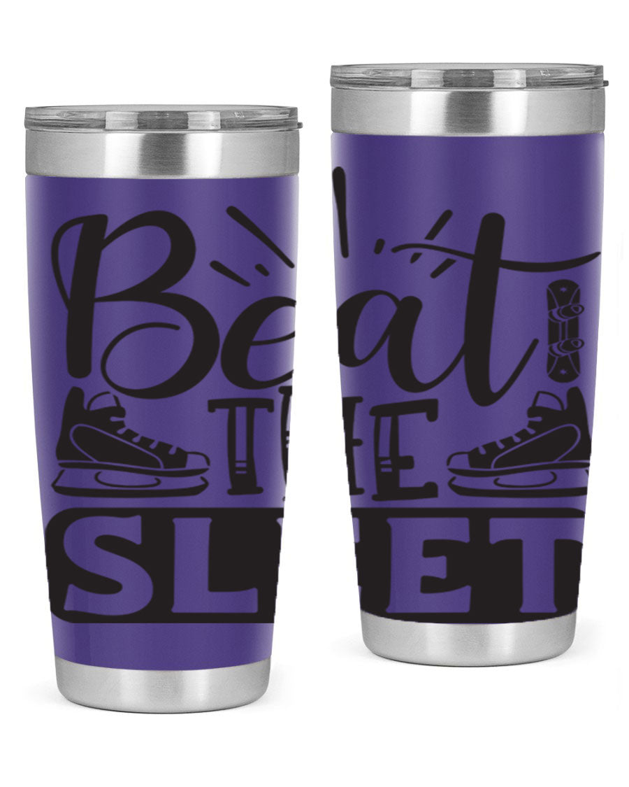 Beat the Sleet 20oz winter tumbler in stainless steel with a drink-thru lid, designed for hot and cold beverages.