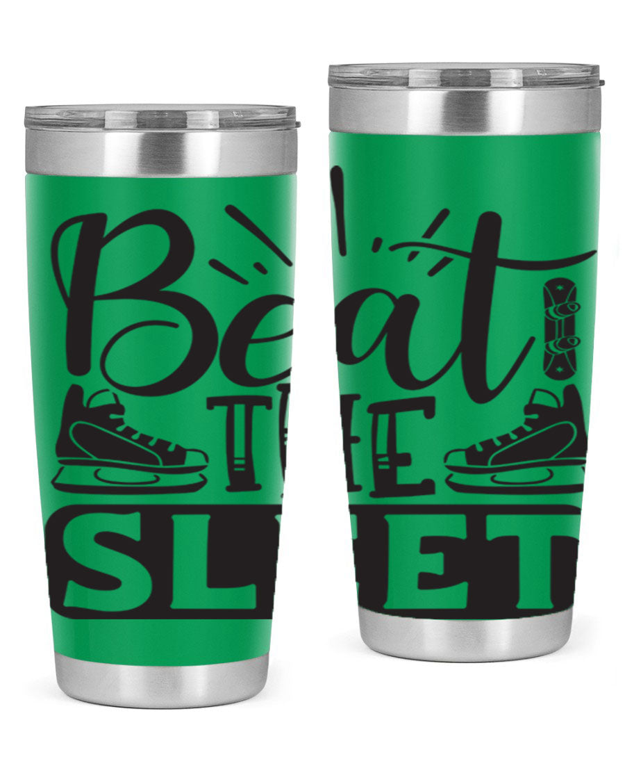 Beat the Sleet 20oz winter tumbler in stainless steel with a drink-thru lid, designed for hot and cold beverages.