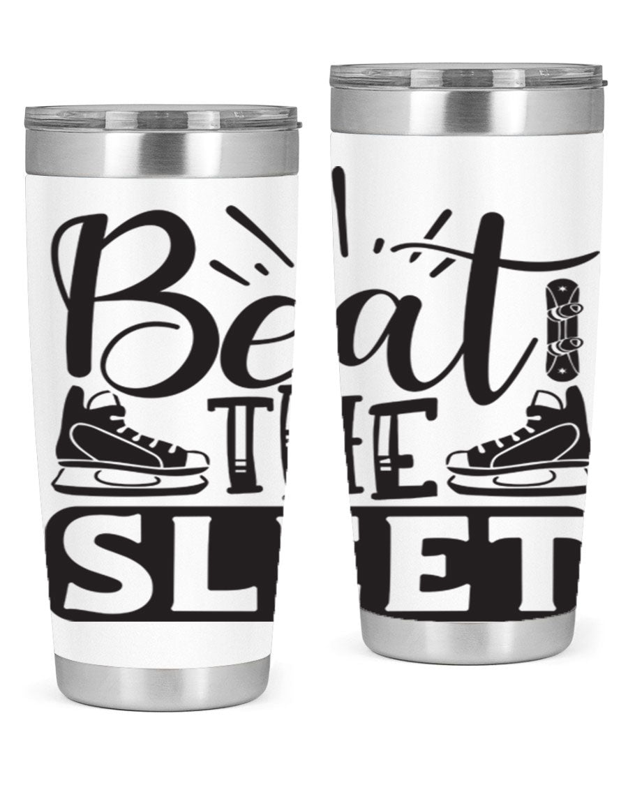 Beat the Sleet 20oz winter tumbler in stainless steel with a drink-thru lid, designed for hot and cold beverages.