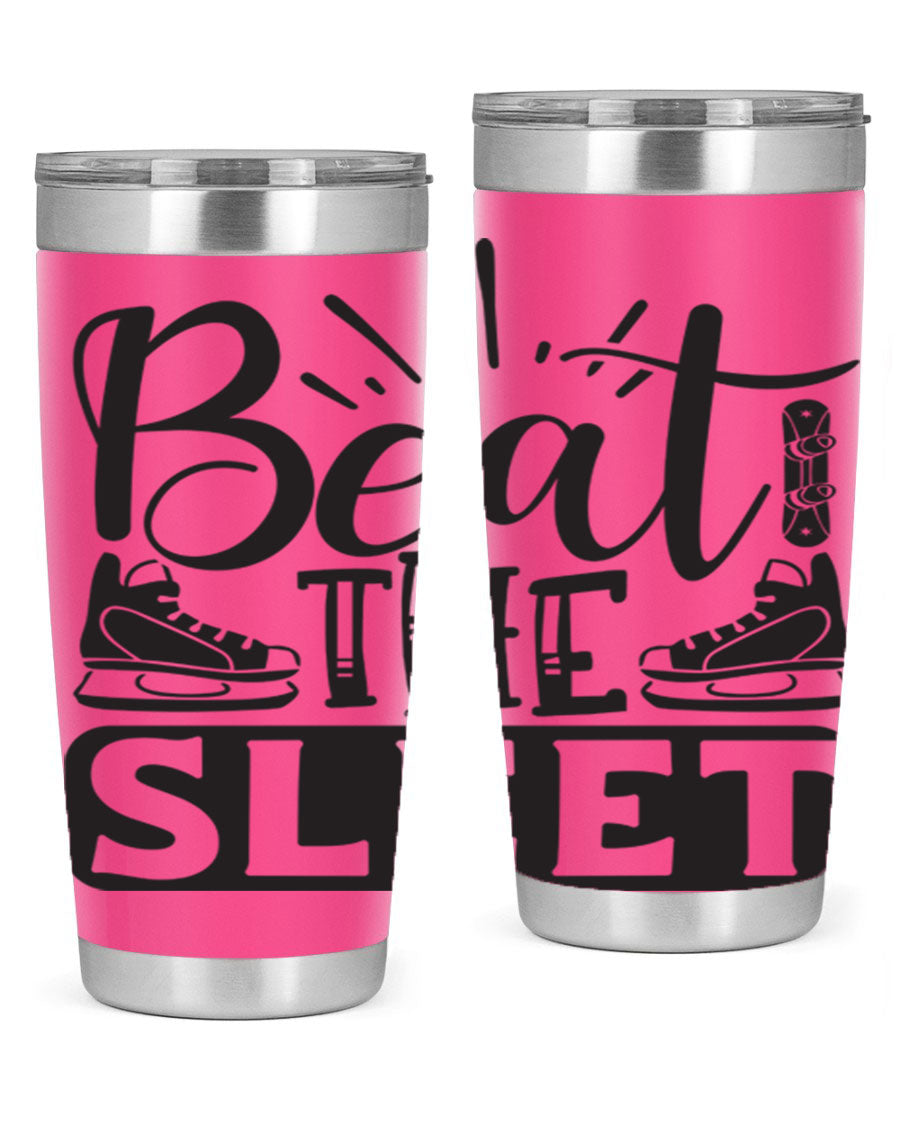 Beat the Sleet 20oz winter tumbler in stainless steel with a drink-thru lid, designed for hot and cold beverages.