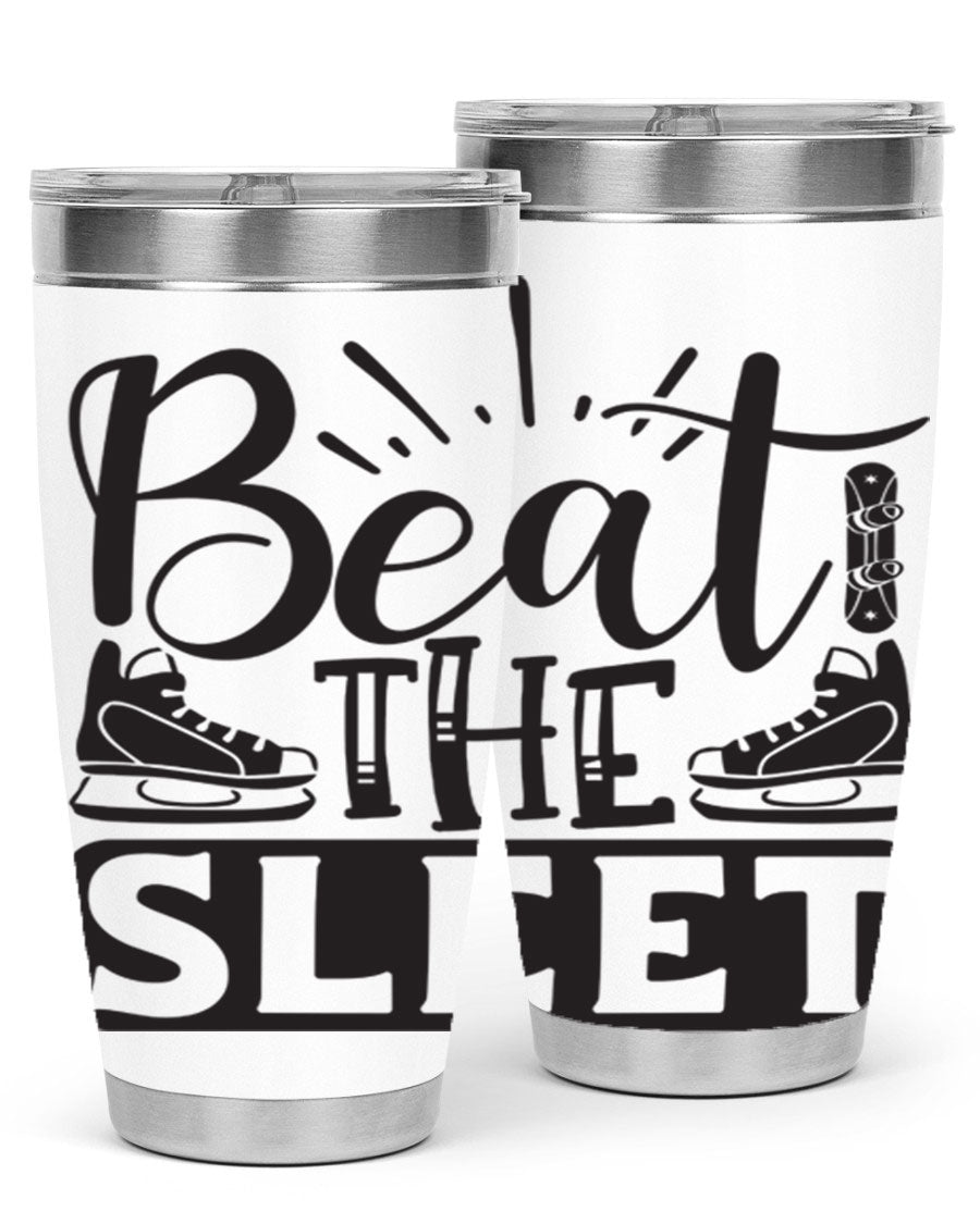 Beat the Sleet 20oz winter tumbler in stainless steel with a drink-thru lid, designed for hot and cold beverages.