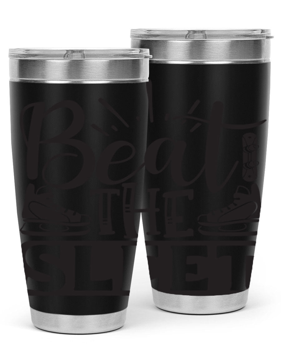 Beat the Sleet 20oz winter tumbler in stainless steel with a drink-thru lid, designed for hot and cold beverages.