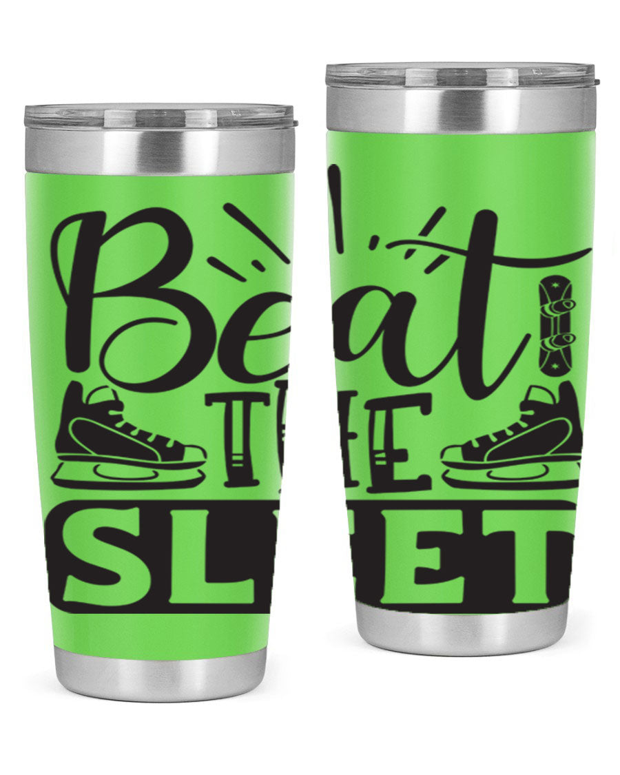 Beat the Sleet 20oz winter tumbler in stainless steel with a drink-thru lid, designed for hot and cold beverages.