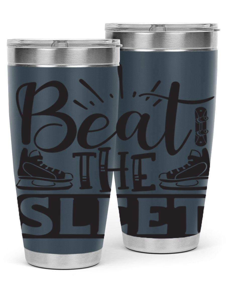 Beat the Sleet 20oz winter tumbler in stainless steel with a drink-thru lid, designed for hot and cold beverages.