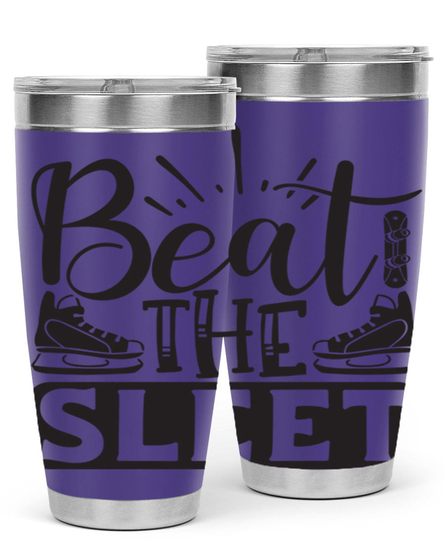 Beat the Sleet 20oz winter tumbler in stainless steel with a drink-thru lid, designed for hot and cold beverages.
