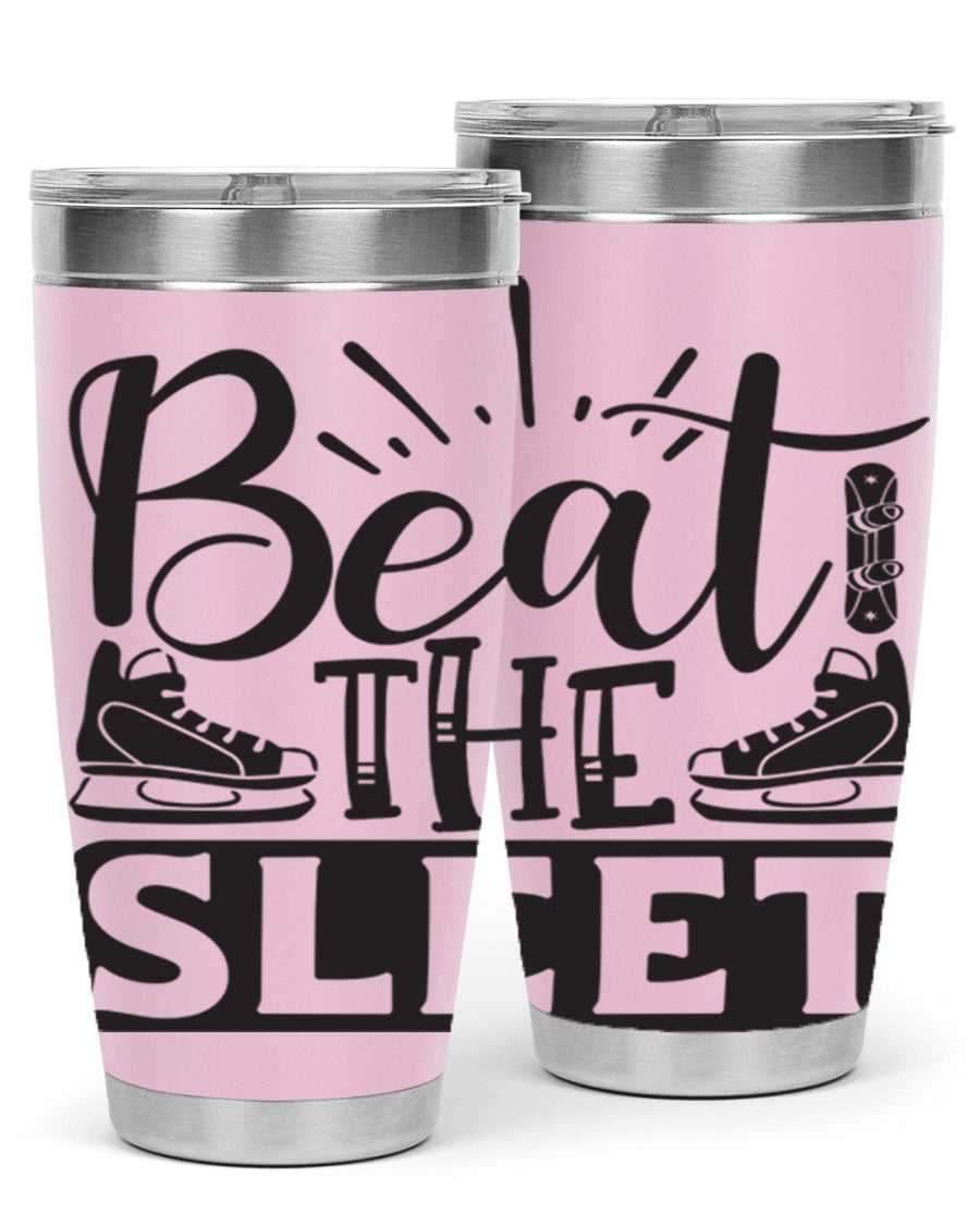 Beat the Sleet 20oz winter tumbler in stainless steel with a drink-thru lid, designed for hot and cold beverages.