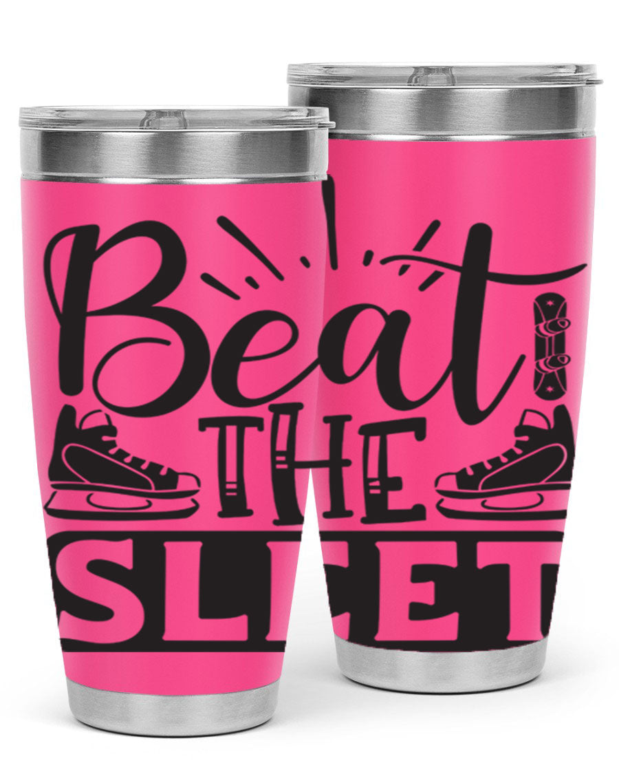 Beat the Sleet 20oz winter tumbler in stainless steel with a drink-thru lid, designed for hot and cold beverages.