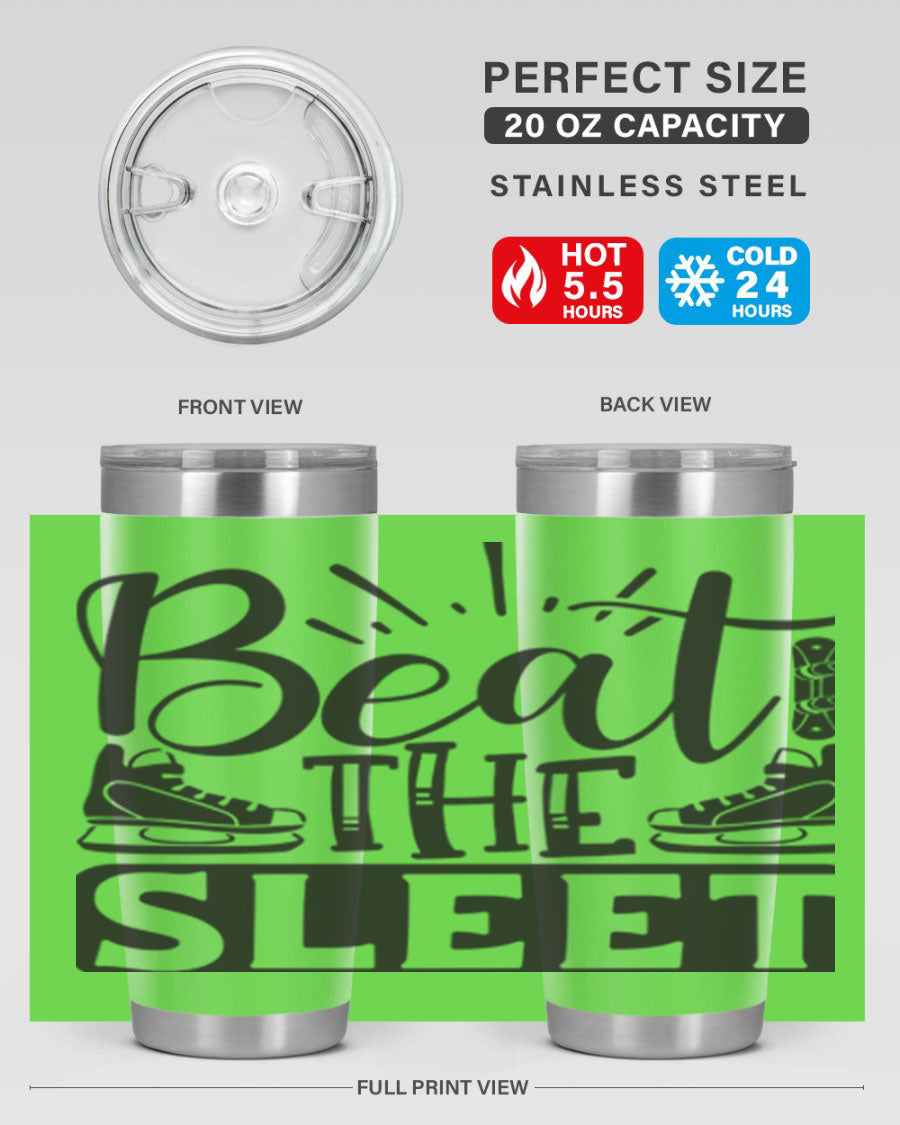 Beat the Sleet 20oz winter tumbler in stainless steel with a drink-thru lid, designed for hot and cold beverages.