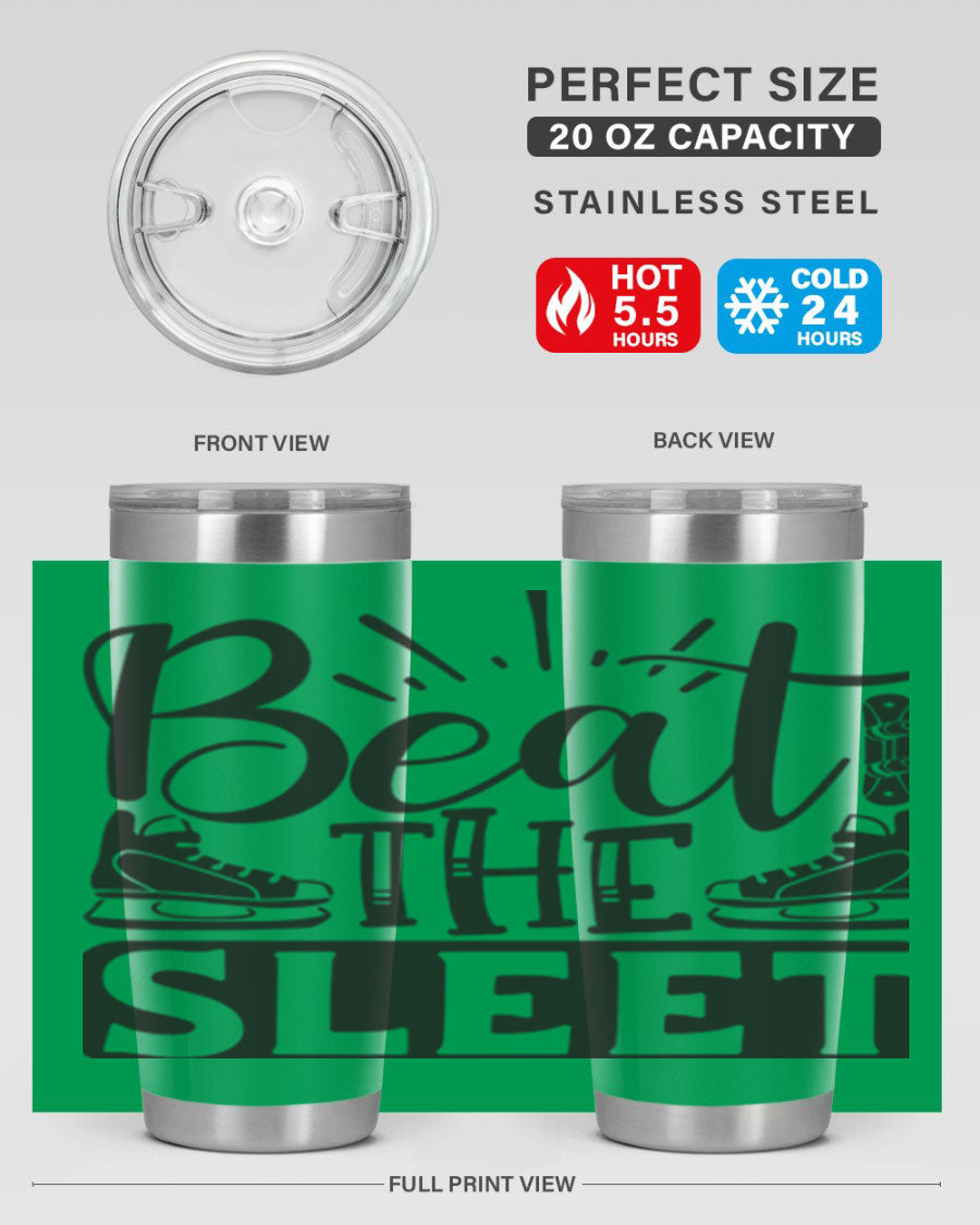 Beat the Sleet 20oz winter tumbler in stainless steel with a drink-thru lid, designed for hot and cold beverages.