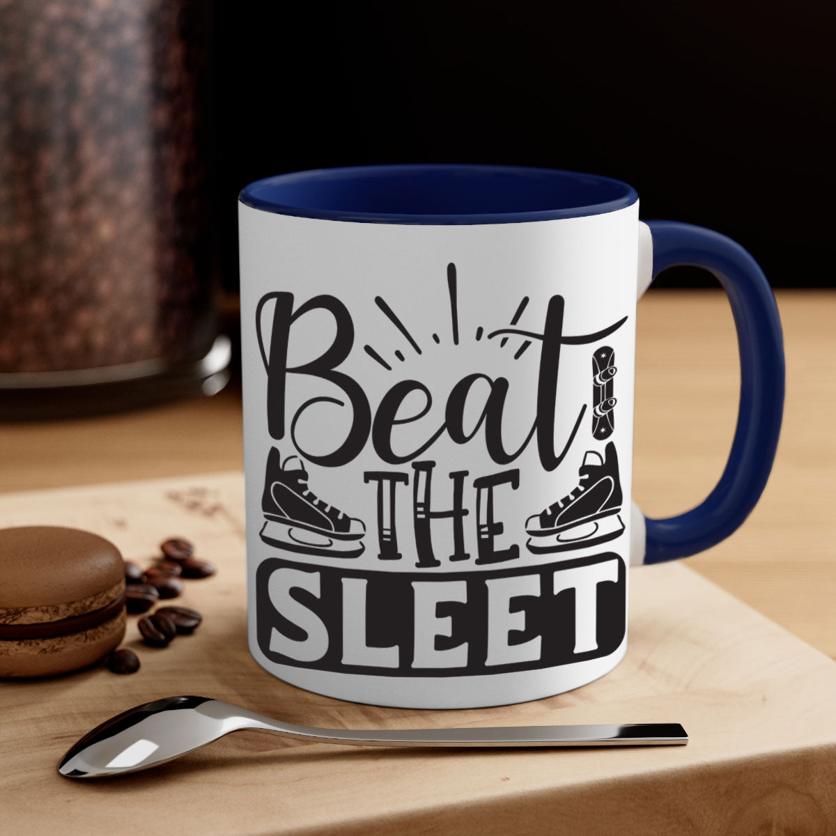 Beat the sleet 24# Mug featuring a glossy finish, colored handle, and interior, available in multiple colors and sizes.
