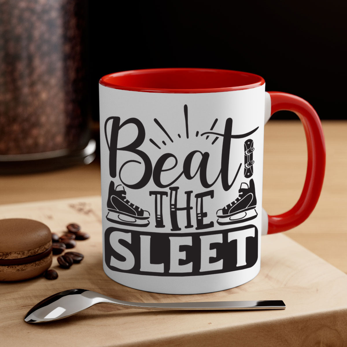 Beat the sleet 24# Mug featuring a glossy finish, colored handle, and interior, available in multiple colors and sizes.