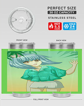 Anime tumbler featuring a beautiful and happy girl on the beach, perfect for summer drinks.
