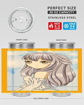 Beautiful and Pretty Princess Silver Hair Tumbler featuring a stunning design with double wall vacuum insulation for hot and cold beverages.