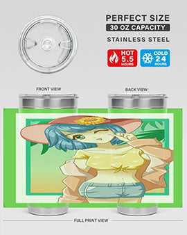 A beautiful and sexy girl on the beach wearing a cute hat, featured on a stylish stainless steel tumbler.