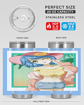 A beautiful and sexy girl on the beach wearing a cute hat, featured on a stylish stainless steel tumbler.