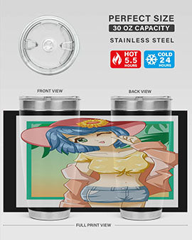 A beautiful and sexy girl on the beach wearing a cute hat, featured on a stylish stainless steel tumbler.