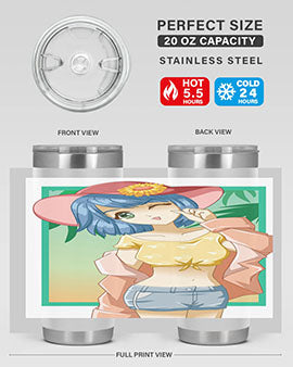 A beautiful and sexy girl on the beach wearing a cute hat, featured on a stylish stainless steel tumbler.