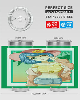 A beautiful and sexy girl on the beach wearing a cute hat, featured on a stylish stainless steel tumbler.