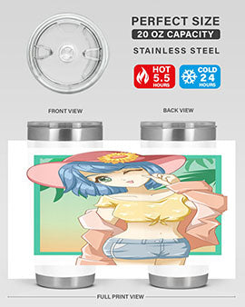 A beautiful and sexy girl on the beach wearing a cute hat, featured on a stylish stainless steel tumbler.