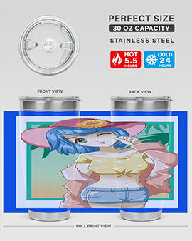 A beautiful and sexy girl on the beach wearing a cute hat, featured on a stylish stainless steel tumbler.